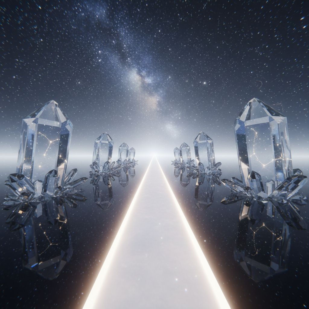 A symbolic representation of魂の使命: a narrow, luminous pathway of soft white light stretching forward through a misty, starlit landscape. On either side, abstract crystalline structures rise from the ground, their surfaces reflecting faint constellations and gradients of indigo, silver, and pale gold. The ground appears as smooth, dark glass, mirroring the sky above. Gentle, ethereal lighting originates from the path itself, casting delicate reflections and inviting movement forward. Photographic realism with a wide-angle lens captures the full depth of the scene, composed with the path leading from the bottom center into the distance. The mood is serene, dignified, and quietly empowering, ideal for illustrating a guide to discovering one’s soul mission.
