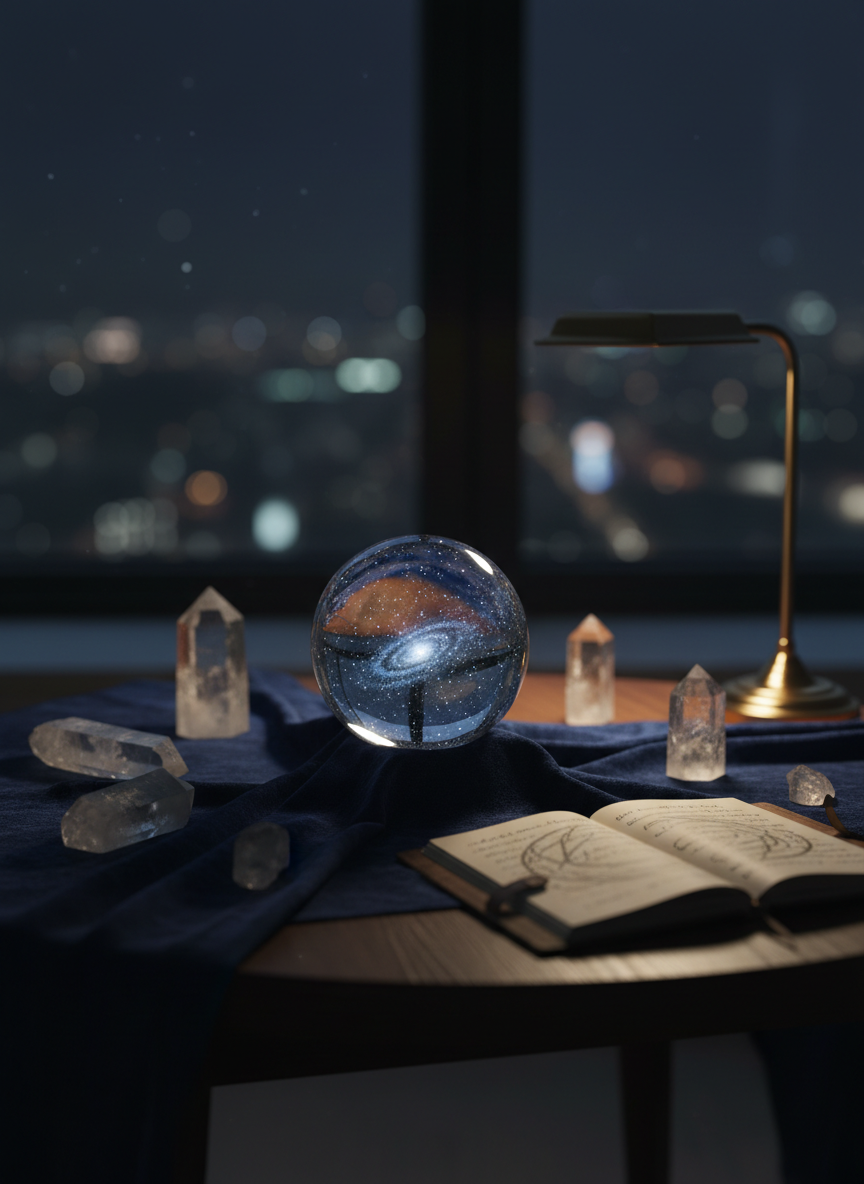 A sleek, luminous crystal sphere resting on a deep indigo velvet altar cloth, its surface reflecting tiny pinpoints of starlight as if containing a miniature galaxy. Around it lie a few translucent quartz points and a small, open notebook with faint, unreadable markings, suggesting channeled insights without legible text. The scene is set on a low wooden table near a large window overlooking a barely visible city at night. Soft, cool-toned ambient light and a subtle golden desk lamp create gentle highlights and long, calming shadows. Photographic realism, shot at eye level with shallow depth of field, keeps the crystal in sharp focus while the background dissolves into a dreamy bokeh, evoking serene, sophisticated spiritual channeling energy.