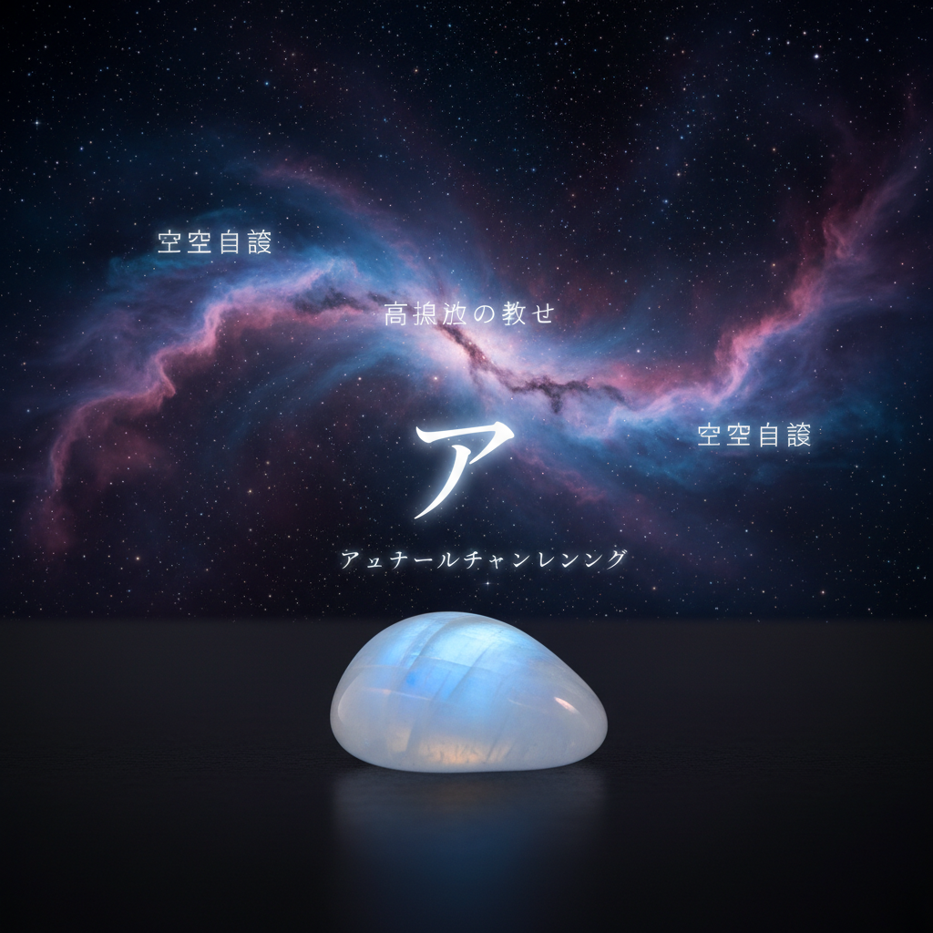 A dark, velvety cosmos stretching across the frame, filled with sharp, detailed stars and a sweeping, iridescent nebula in shades of deep blue, violet, and soft pink. In the foreground, a single, polished moonstone lies on a smooth black surface, catching light that forms a subtle, otherworldly glow, symbolizingアシュタールチャネリング. Gentle, cool rim lighting defines the stone’s curves while the galaxy behind remains crisp yet slightly diffused, creating depth. Shot in photographic realism with a low, cinematic angle, the composition centers the moonstone against the infinite universe, evoking a sophisticated, expansive sense of宇宙意識 and high vibrational teachings.