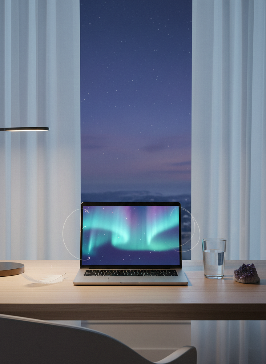 A minimalist, high-end workspace featuring a slim silver laptop on a pale wood desk, the screen softly glowing with abstract, aurora-like patterns of turquoise and violet light instead of text, suggesting cosmic messages. Beside it, a clear glass of water, a single white feather, and a small amethyst cluster rest in deliberate balance. The space is framed by sheer white curtains and a distant view of a twilight sky subtly hinting at stars. Diffused evening light mixes with a warm desk lamp, creating a tranquil, contemplative atmosphere. Photographic realism, composed with the rule of thirds from a slightly elevated angle, conveying a refined, sophisticated setting for booking spiritual channeling sessions and receiving宇宙メッセージ.